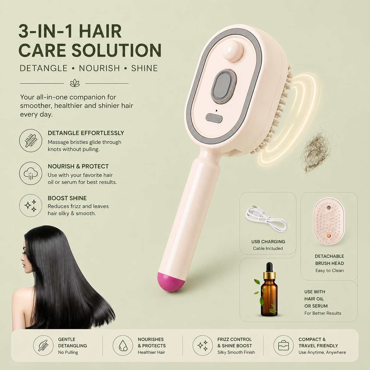 Rechargeable Hair Straightener Brush with Detangling Comb