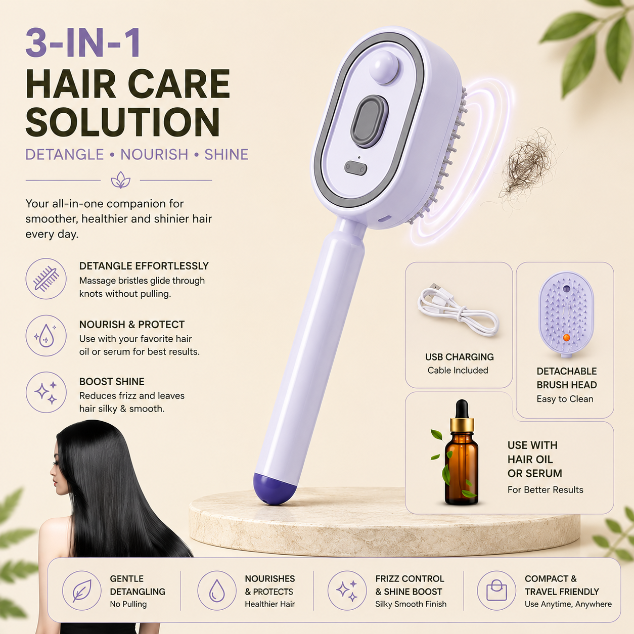 Rechargeable Hair Straightener Brush with Detangling Comb