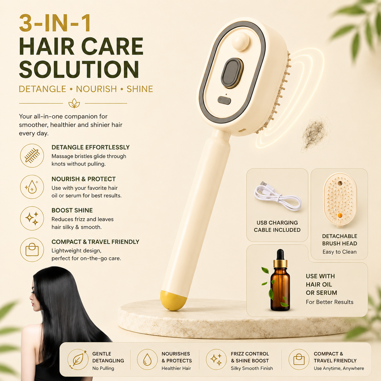 Rechargeable Hair Straightener Brush with Detangling Comb